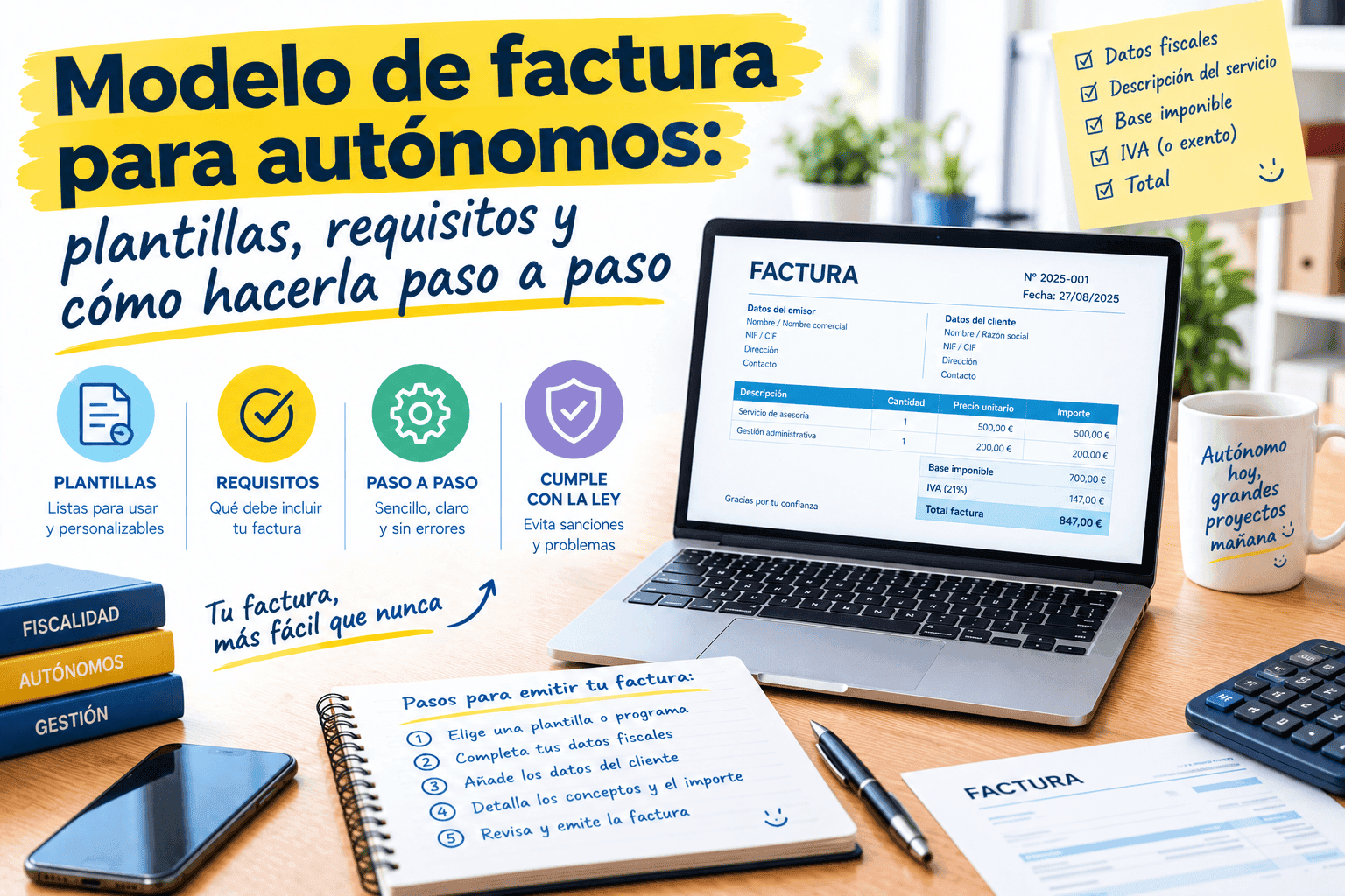 Modelo de factura para autónomos: plantillas, requisitos y cómo hacerla paso a paso